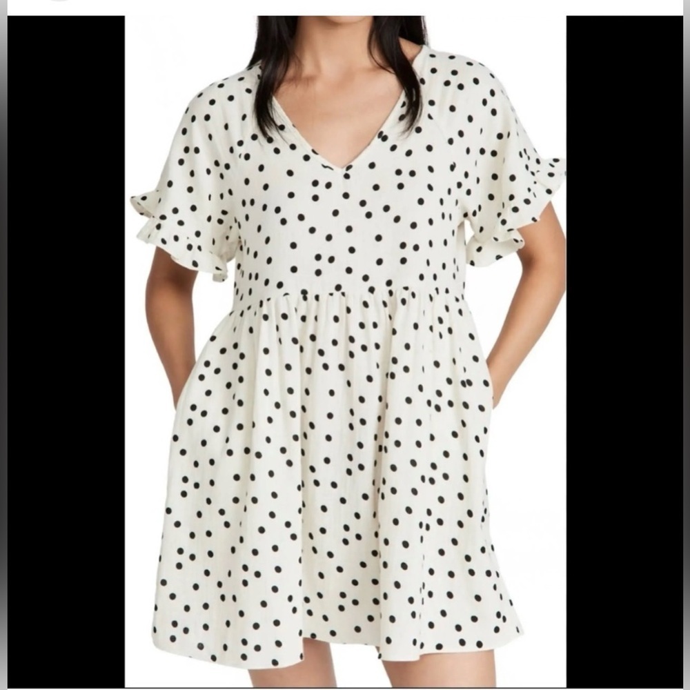 Madewell babydoll polka dot flutter sleeve cotton gauze mini tunic dress cream